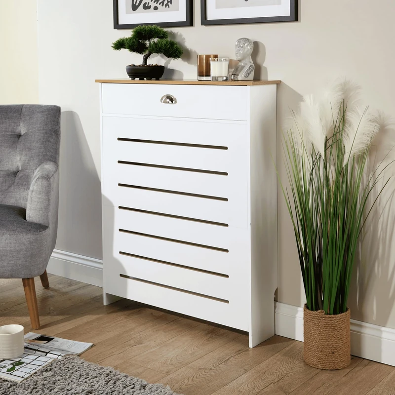 Home Source Batley Radiator Cover with Drawer – White MDF Radiator Cabinet with Sonoma Oak Top – Slatted Design with Storage
