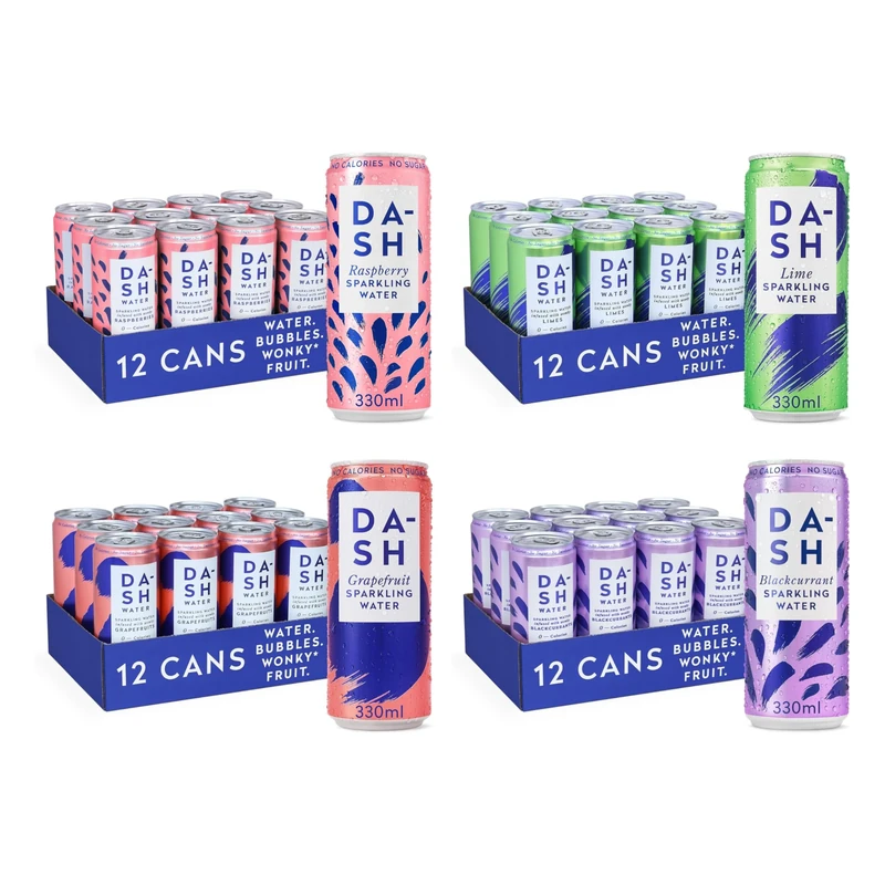 DASH Water Office Variety Pack - 48 x 330 ml Cans - Rasberry, Lime, Grapefruit, Blackcurrant - NO Sugar, NO Sweetener, NO Calories - Infused with Wonky Fruit - Ideal for Workplace