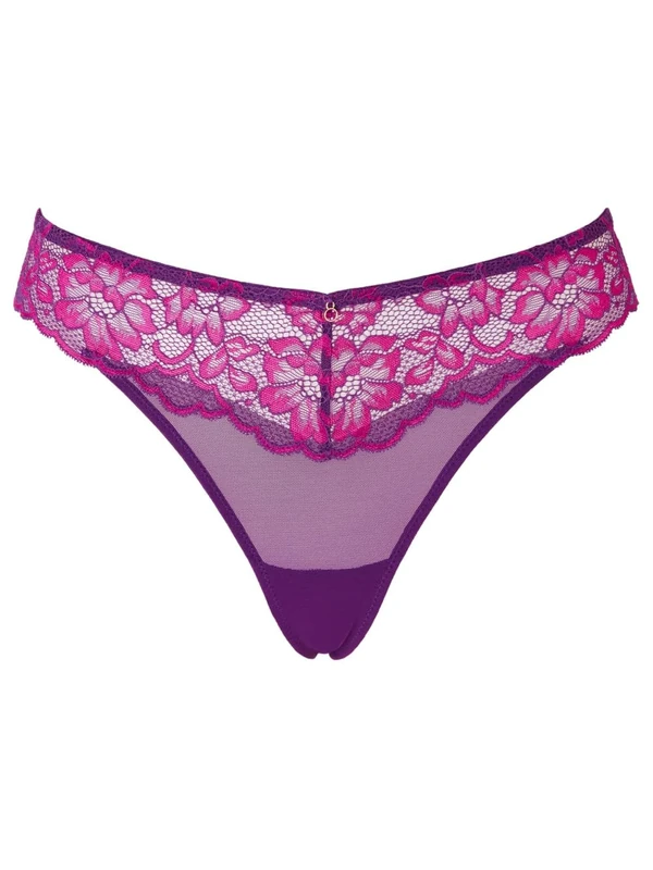 Ann Summers Valentines Sexy Lace Thong Low-Rise Womens Underwear, Mesh Back, Delicate Floral Lace & Centre Charm, Cotton Gusset – Stylish and Comfortable G String for Minimal Lines Dark Purple -