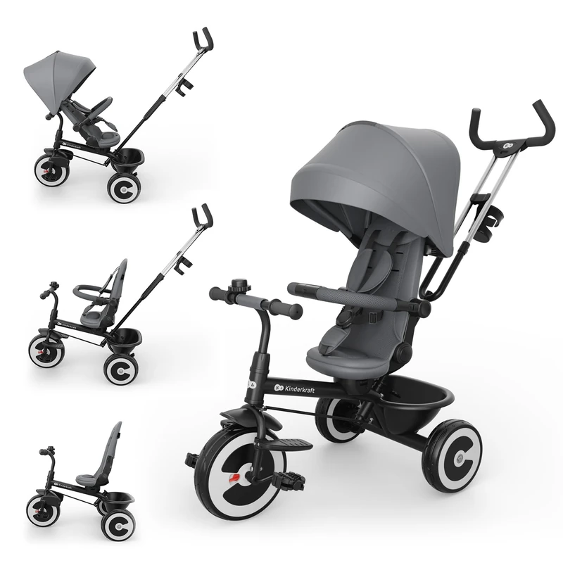 Kinderkraft ASTON 2 PRO Tricycle, 360° Rotating Seat, Reclining Both Directions, Adjustable Parent Handle, Freewheel Pedals, Canopy with Window, 9 Months to 5 Years, Grey