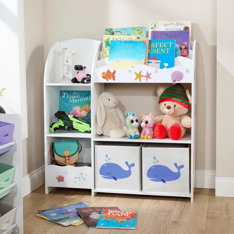 Home Source Children’s Storage Unit with 7 Shelves & 2 Fabric Drawers – Kids’ Bookcase & Toy Organiser – Sealife Animal Design