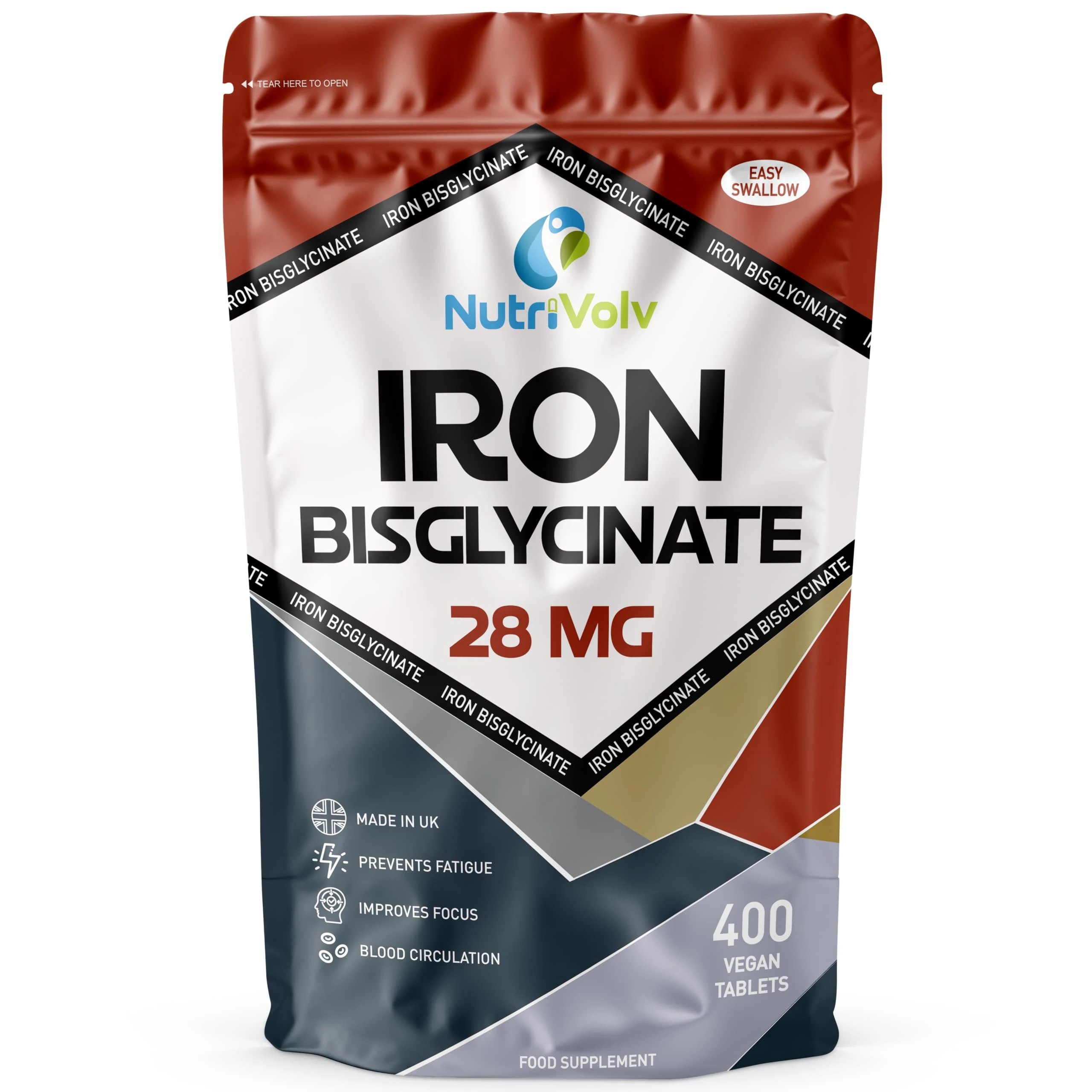 Iron Bisglycinate 28mg | 400 Tablets (6+ Months Supply) | Gentle High Absorption Iron Supplements for Women & Men | Immune System Booster | Ferrous Bisglycinate Form | Non-GMO | Vegan | by NutriVolv