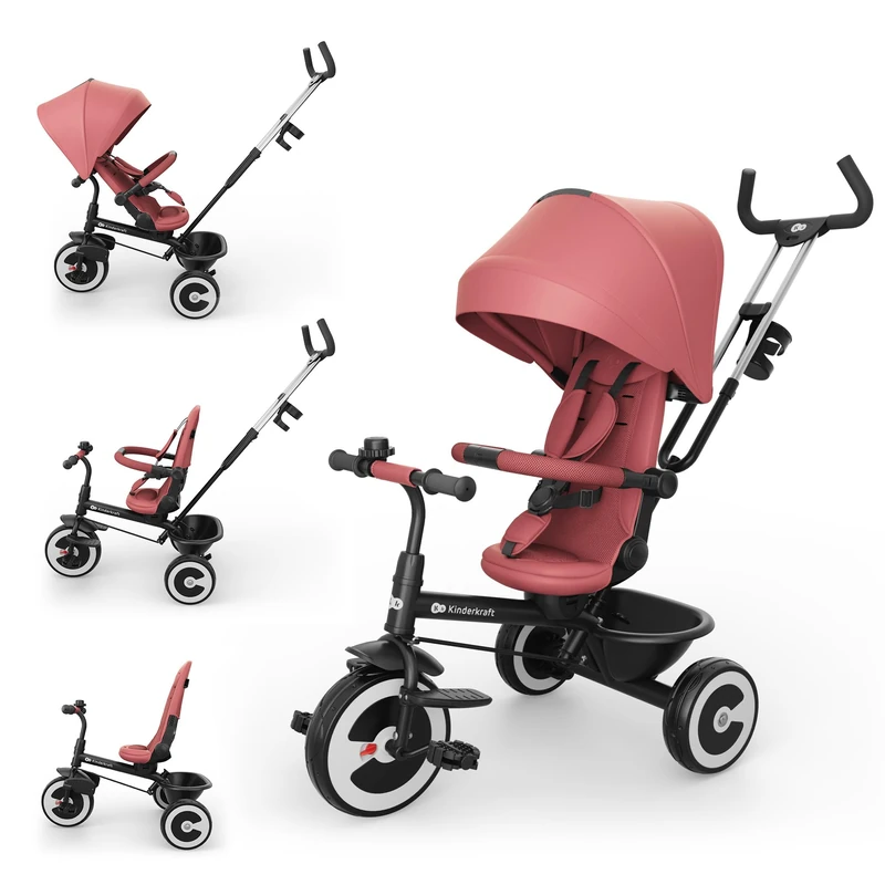Kinderkraft ASTON 2 PRO Tricycle, 360° Rotating Seat, Reclining Both Directions, Adjustable Parent Handle, Freewheel Pedals, Canopy with Window, 9 Months to 5 Years, Pink