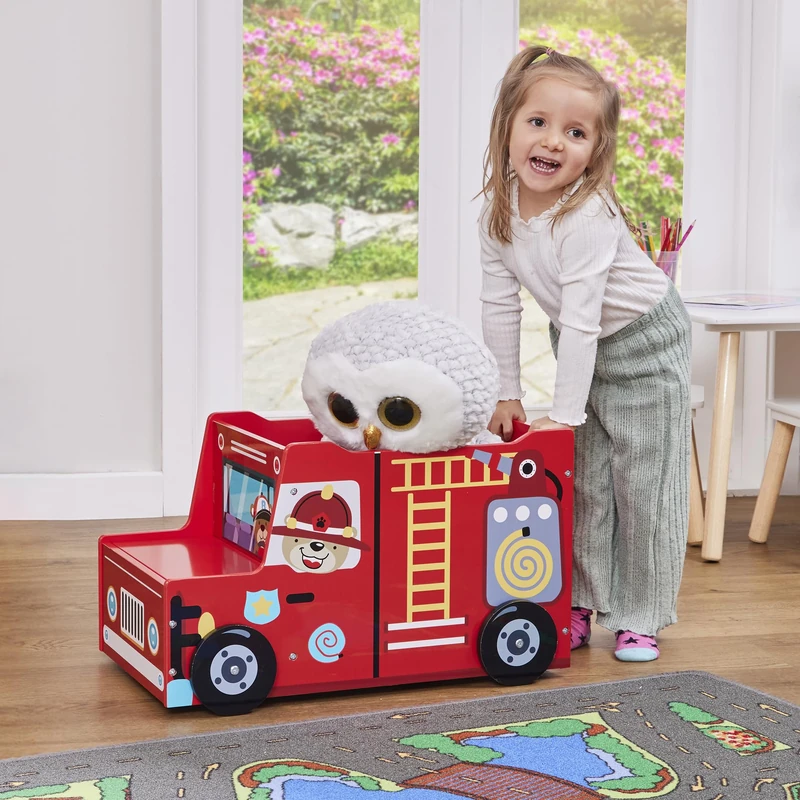 Liberty House Toys Kids Fire Engine Toy Box with Wheels, H35.5 x W60 x D31.5cm