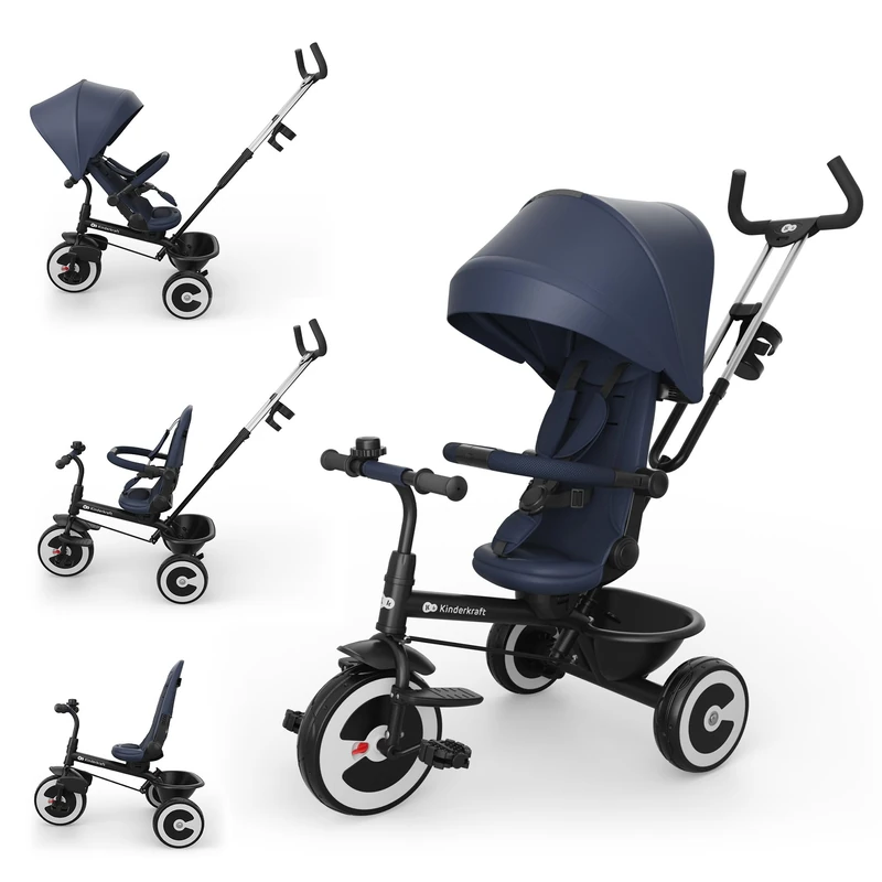 Kinderkraft ASTON 2 PRO triciclo passeggino, seduta girevole 360° CLICK & TWIST, posizione semi-reclinabile fronte e retro marcia, pedali a ruota libera, cappottina con finestra, Navy