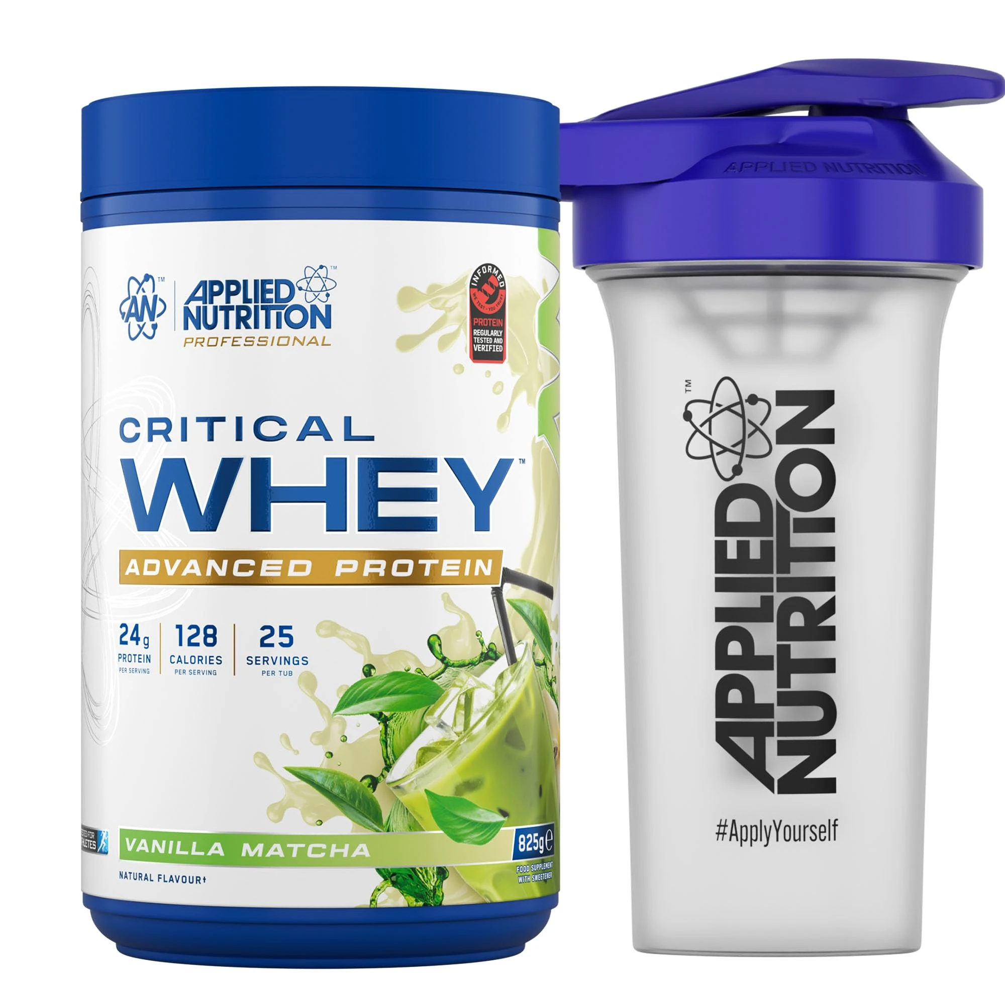 Applied Nutrition Critical Whey Protein Powder 825g + Plastic Shaker - High Protein Powder, Muscle Building Supplement with BCAAs & Glutamine (825g - 25 Servings) (Vanilla Matcha)