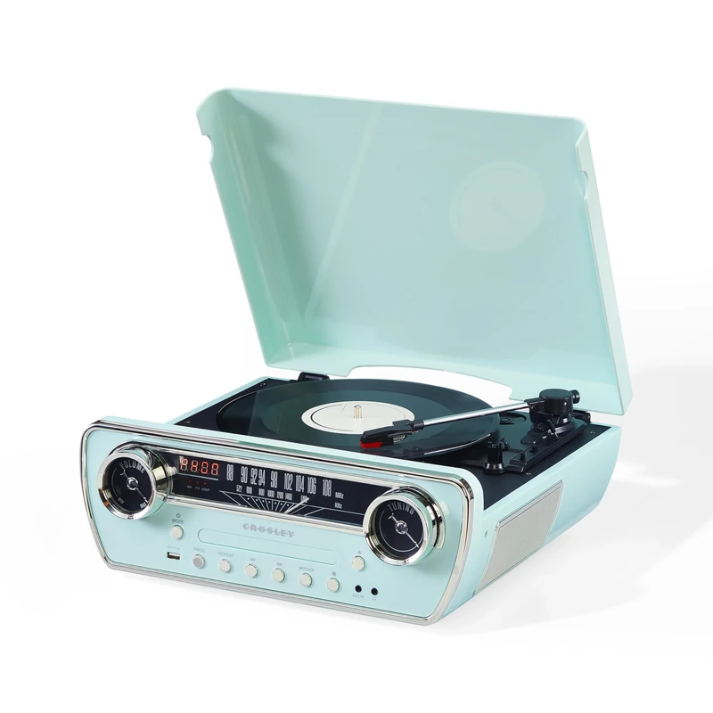 Crosley Powel 7-in-1 Record Player with Speakers & CD Player - Vintage Car Design Bluetooth Turntable Entertainment System with AM/FM Radio - Retro Aqua Style for Vinyl, Digital & Wireless Music