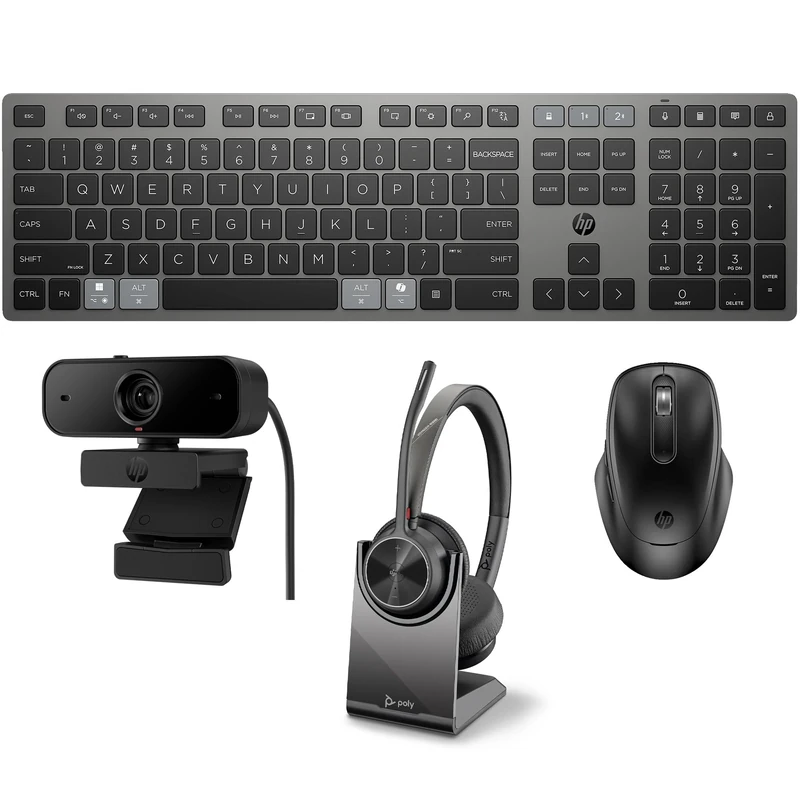 HP Premium Home Office Bundle, 720 Rechargeable Keyboard and Mouse, Poly Voyager 4320 UC Headset, Charge Stand and 430 FHD Webcam