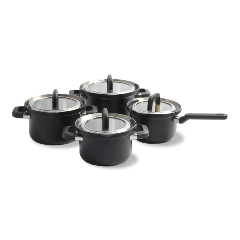 BK Flow Cool Black 4-Piece Saucepan Set with Glass Lids - Safe Pouring System, Stainless Steel, Suitable for Induction Cookers, Oven Safe up to 160°C & Dishwasher Safe