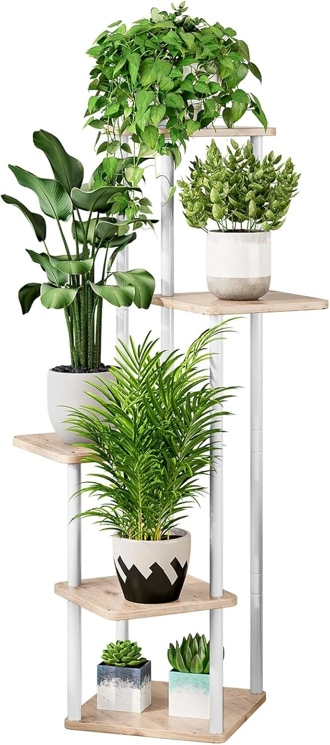 Dazioter Plant Stand Indoor 5 Tier Plant Shelf Metal for Multiple Plants Corner Tall Flower Holders for Patio Garden Living Room Balcony Bedroom, Black (5 Tier-White+Sonoma Oak)