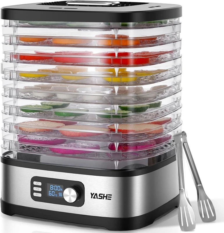 YASHE 8-tier dehydrator, adjustable time and temperature up to 72 hours, including mesh inserts, fruit roller and stainless steel tongs for jerky, fruit, meat, vegetables, herbs, BPA-free - Image 1