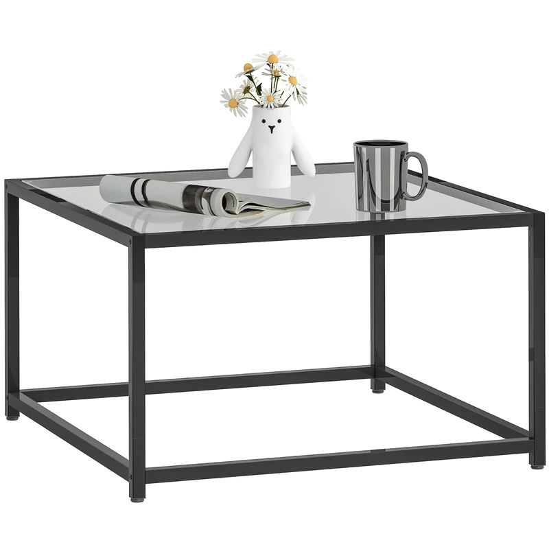 HOMCOM Square Side Table with Tempered Glass Table Top, Coffee Table with Steel Legs, Living Room Table, Sofa Table, Coffee Table for Living Room, Bedroom, 68 x 68 x 39 cm, Black - Image 1
