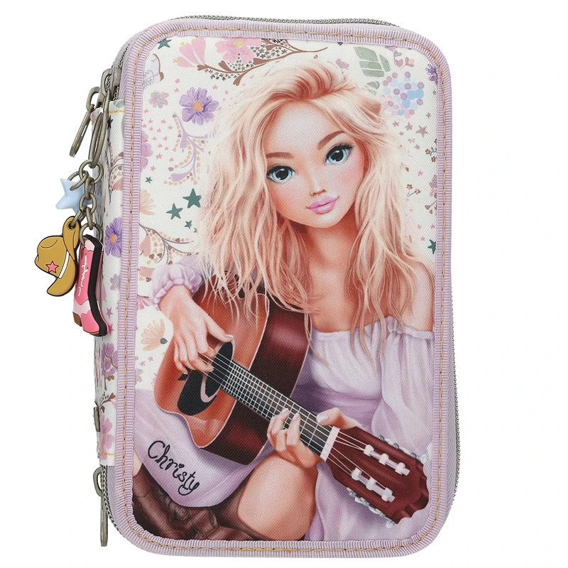 Depesche 13664 TOPModel Cowgirl - Filled 3-Compartment Pencil Case in Purple, with Model Motif and Flower Pattern, Pencil Case with Colouring Pencils, Scissors, Ruler and Much More