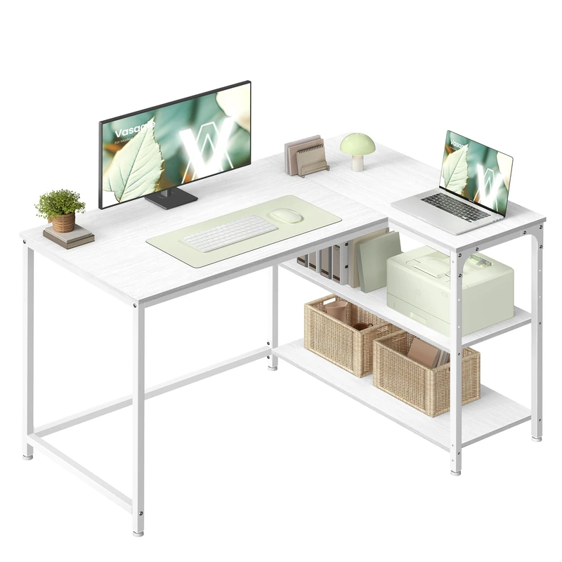 VASAGLE L Shaped Corner Desk, Computer Gaming Desk with Storage, Reversible Height-Adjustable Shelves, for Home Office, 110 x 80 cm, Maple White LWD135WF01