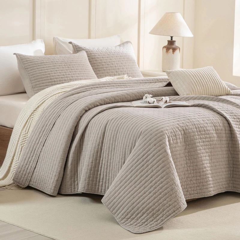 CozyTide Oversized Queen Quilt 102"x118",Stone-Washed Cotton Lightweight Oversized Queen Bedspread,3 Pieces Linen Colored Extra Large Modern Boho Coverlet Set Ultra Soft