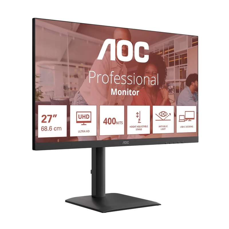 AOC U27E4CV 27 inch UHD Monitor 60Hz, IPS Panel, 4ms GtG, Adaptive Sync, HDR Ready, Height Adjustment, Speakers, (3840x2160 HDMI 2x 2.0 DP 1x1.4 USB Hub) Black