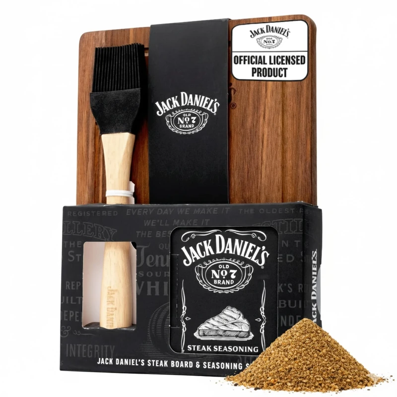 Jack Daniels Steak Spice Set with Wooden Board - 2oz Steak Seasoning Mix, Basting Brush & Cutting Board - Gluten Free BBQ Rub for Grilling - Mens Gift Set, Valentines Day - Jack Daniels Gifts for Men
