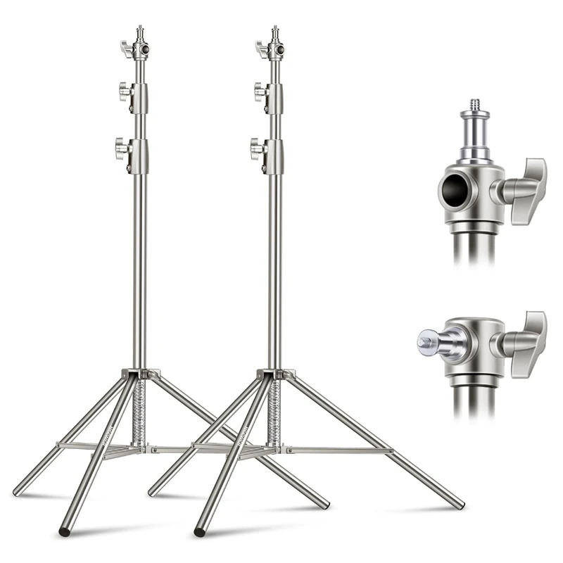 NEEWER 2Pcs 9.2ft Stainless Steel Light Stands, Spring Cushioned Heavy Duty Photography Tripod Stand with 1/4"-3/8" Adapter for Strobe Video Ring Light Monolight Softbox, 22lb Max Load, ST-280SS
