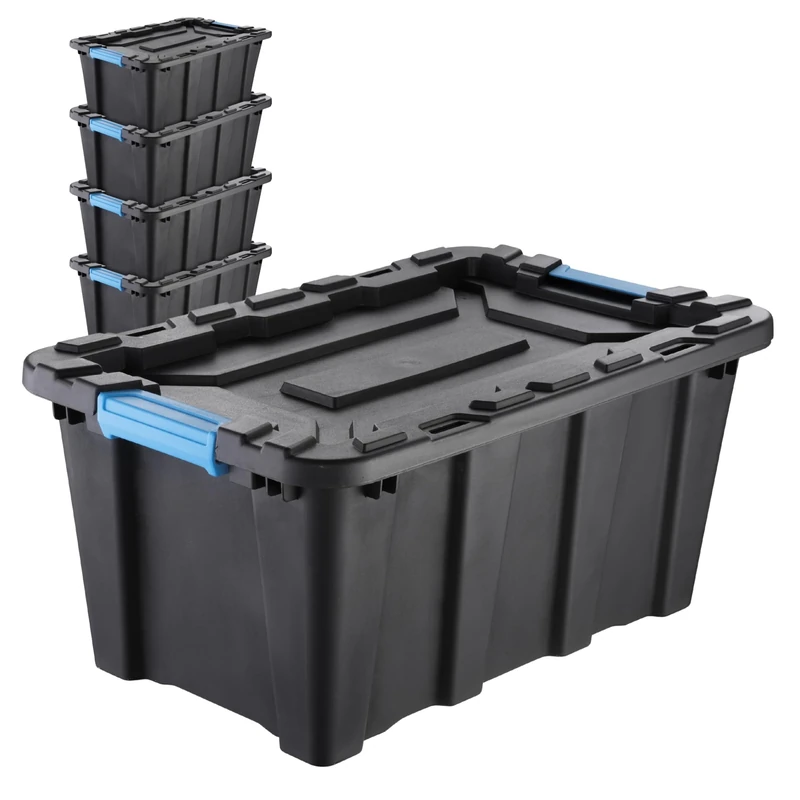 IDEA HOME Set of 5 Storage Boxes 40L with Lid TechBox HD – Heavy-duty Stackable Plastic Containers – Organiser Crates for Garage, Workshop, Tools and Accessories, Schwarz