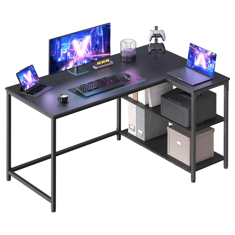 VASAGLE L Shaped Corner Desk, Computer Gaming Desk with Storage, Reversible Height-Adjustable Shelves, for Home Office, 120 x 80 cm, Ebony Black LWD136BE01