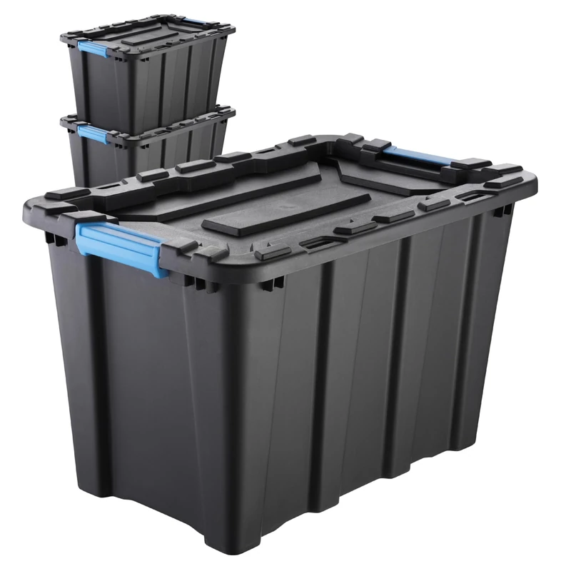 IDEA HOME Set of 3 Storage Boxes 55L with Lid TechBox HD – Heavy-duty Stackable Plastic Containers – Organiser Crates for Garage, Workshop, Tools and Accessories