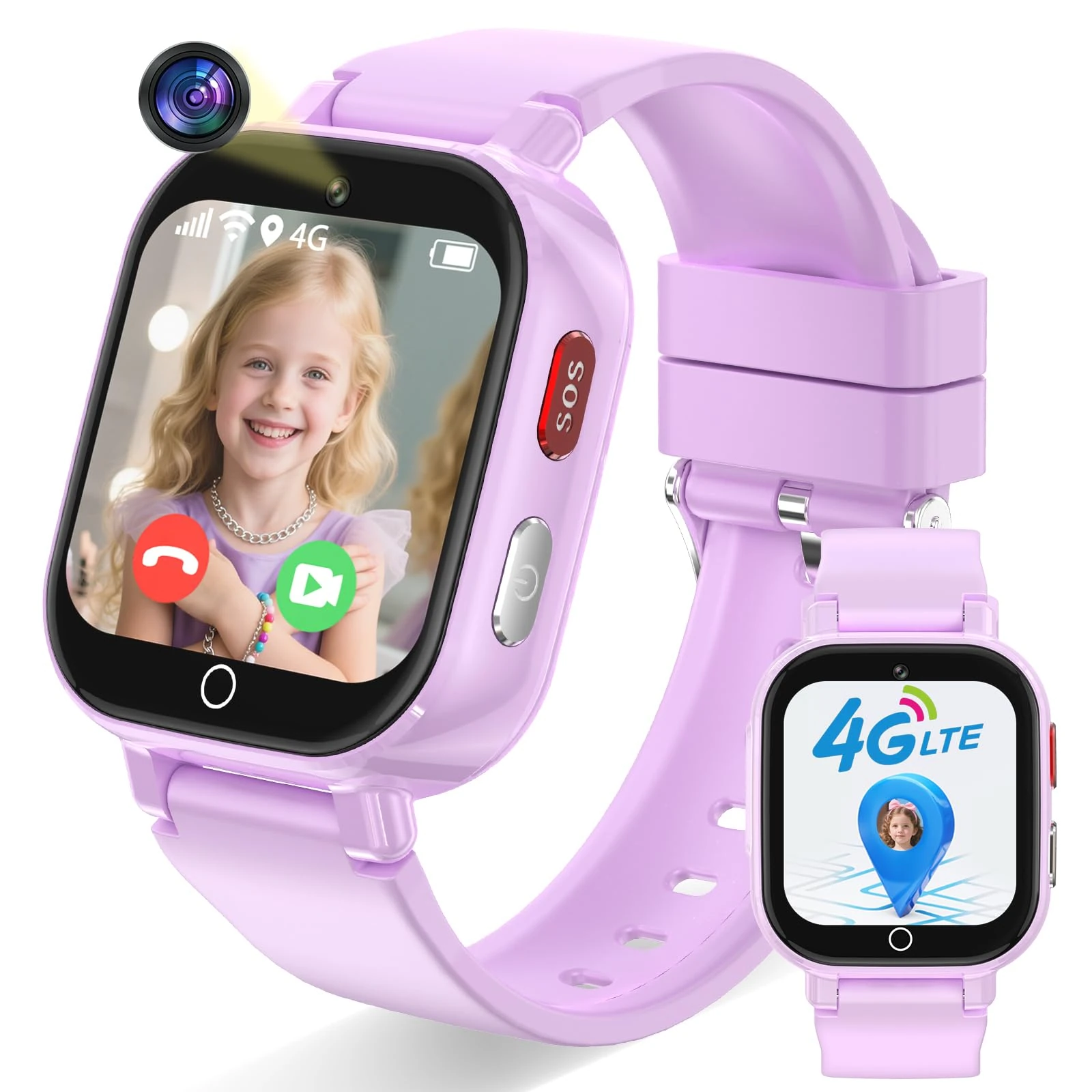 Ucani 4G Kids Smart Watch, Kids Phone Smartwatch GPS Tracker, SOS, Call, Voice & Video Chat, Class Mode, Alarm, Camera, Touch Screen WiFi Wrist Watch for 4-12 Boys Girls (A28-Purple-UKLOC)