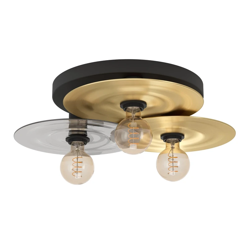 Eglo Ceiling Light Fixture Lintmill, Decorative 3-Light Flush Mount lamp, Living Room Lighting, Black and Brass Metal, Smoked Glass, Ø 53 cm