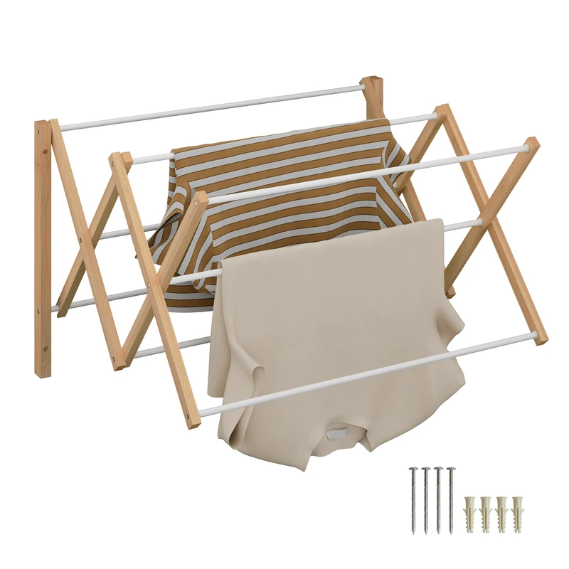 Relaxdays Wall-mounted clothes airer, extendable, HxWxD: 45 x 71.5 x 59 cm, bamboo & metal, wall dryer, natural/white