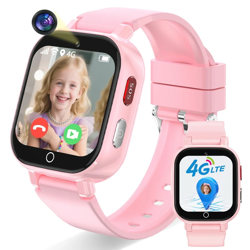 Ucani 4G Kids Smart Watch, Kids Phone Smartwatch GPS Tracker, SOS, Call, Voice & Video Chat, Class Mode, Alarm, Camera, Touch Screen WiFi Wrist Watch for 4-12 Boys Girls (A28-Pink-UKLOC)