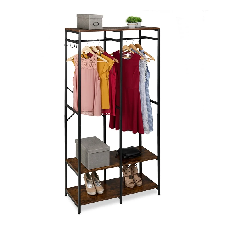 Relaxdays Open Wardrobe, Clothes Rack, Shelves & Rail, HWD: 180x94.5x40 cm, Metal, Black/Brown
