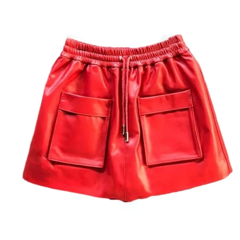Women Genuine Leather Mini Skirt Sheepskin A-Line Shorts Skirt with Pocket Wide Leg Above Knee Red