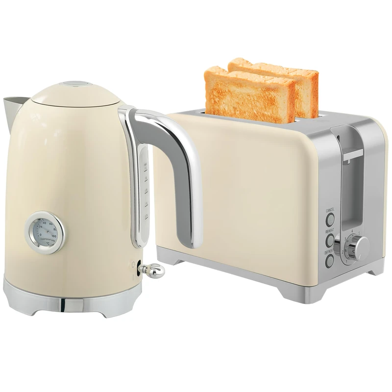 HOMCOM Retro Kettle and Toaster Set with Temp Display, 1.7L 3000W Rapid Boil Stainless Steel Jug Kettle with Thermostat Limescale Filter 2 Slice Toaster with 7 Browning Controls Crumb Tray, Cream