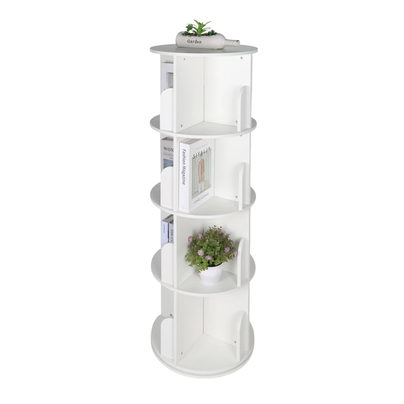 Relaxdays rotating bookcase, 16 compartments, HxD: 128 x 40 cm, 4 tiers, rotating shelf for books & DVDs, MDF, white - Image 1
