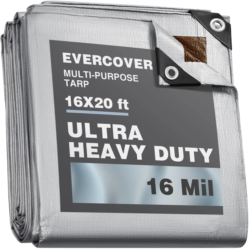 EVERCOVER 16x20 Ft.Tarp Heavy Duty, Large Tarp Waterproof - 16 Mil Extra Thick, UV Resistant, Outdoor Waterproof Plastic Poly Tarpaulin, Camping, Pool, House Roof Rain Cover (Silver/Black)
