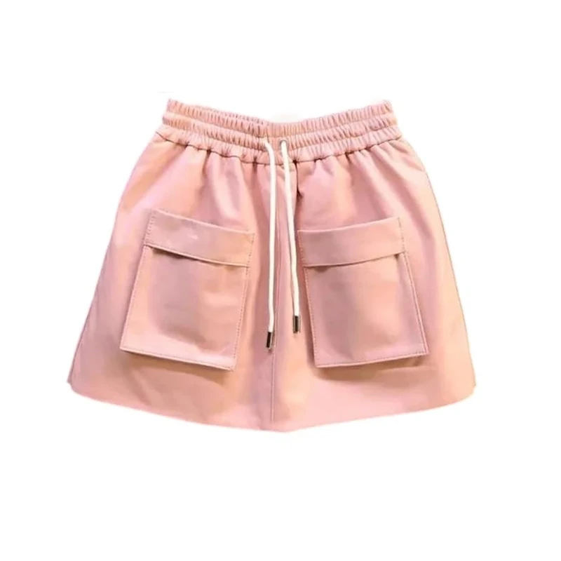 Women Genuine Leather Mini Skirt Sheepskin A-Line Shorts Skirt with Pocket Wide Leg Above Knee
