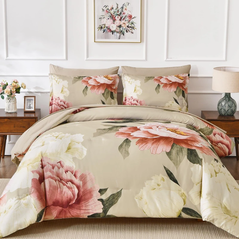 Dobuyly Queen Comforter Set 7 Piece Bed in a Bag, Pink Floral Printed on Khaki Comforter Set with Sheets, Soft Microfiber Botanical Farmhouse Bedding Set for All Season