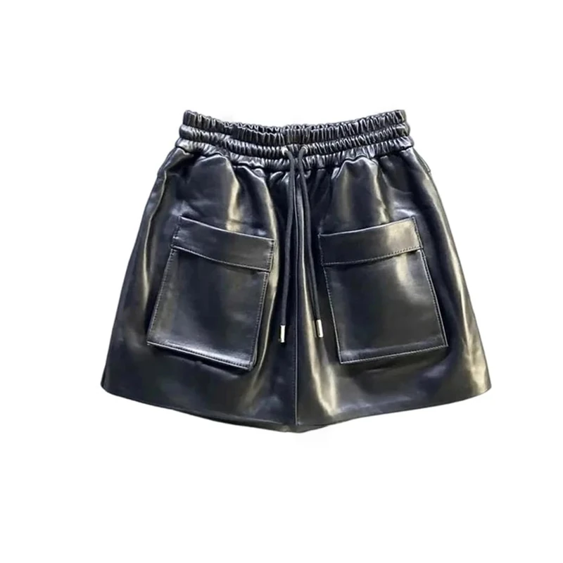 Women Genuine Leather Mini Skirt Sheepskin A-Line Shorts Skirt with Pocket Wide Leg Above Knee Black