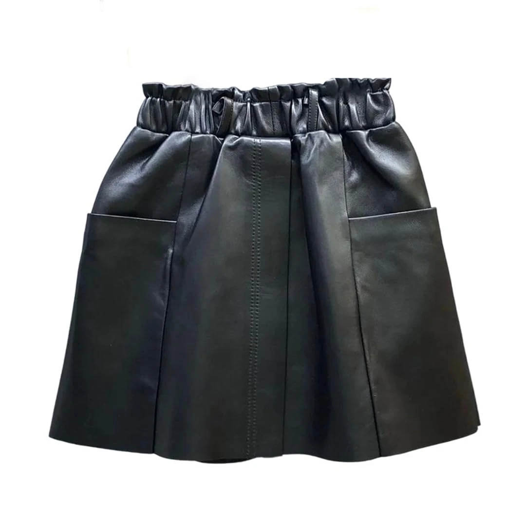 Women Genuine Leather Mini Skirt Handmade Sheepskin A-Line Skirt with Pocket Elastic Waist Black