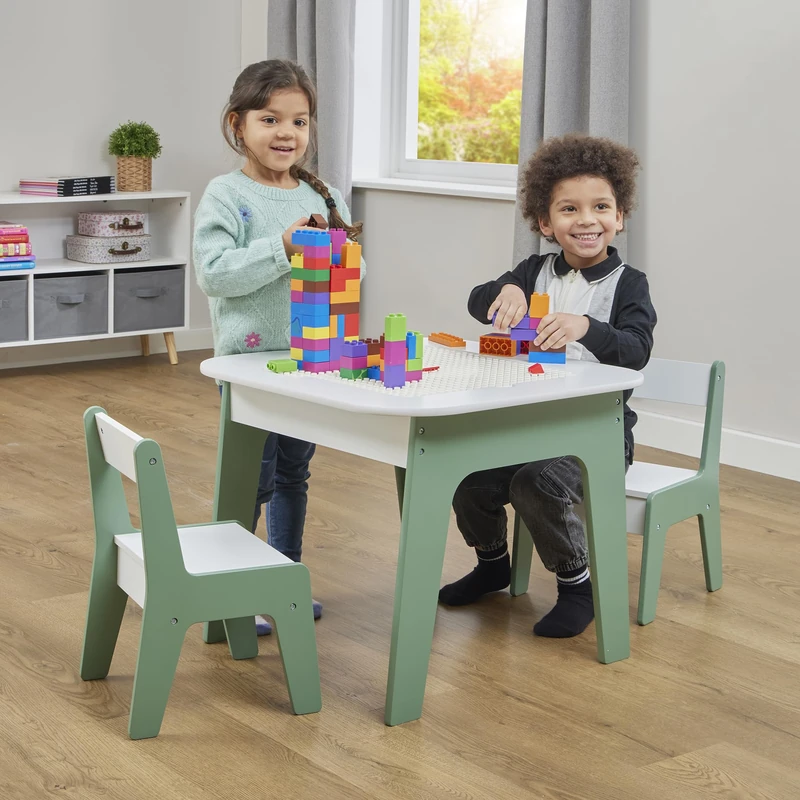 Liberty House Toys Kids Wooden 4-in-1 Play Table and Two Chairs Set, White & Green, Construction Play, H50 x W60 x D60cm