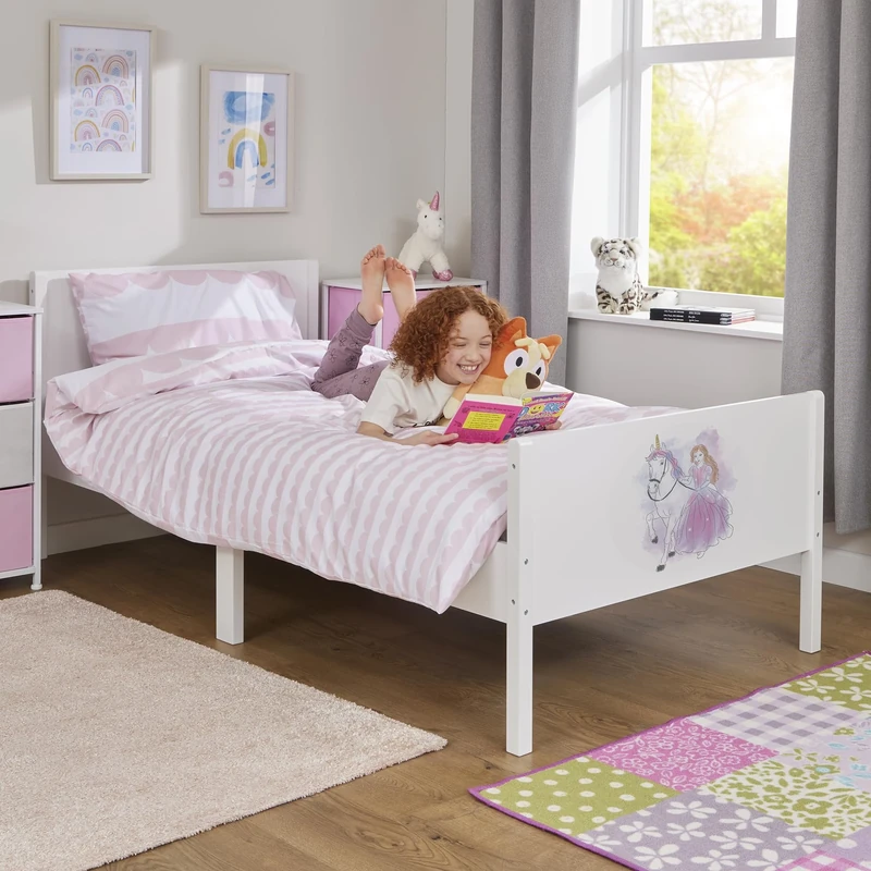Liberty House Toys Kids Single White Bed, Princess and Unicorn H80 x W95 x D199 cm