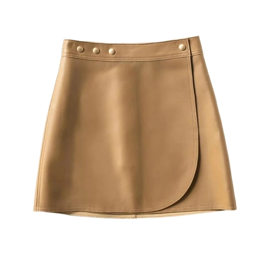 Women Genuine Leather Mini Skirt Sheepskin Short Skirt Fall Winter Fashion Clothing Khaki