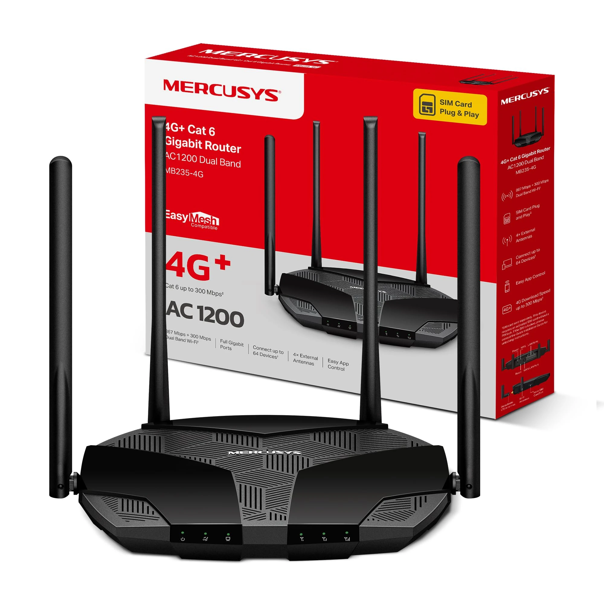 MERCUSYS MB235-4G Cat6 AC1200 Routers,4G Router with Sim Slot, Dual-Band TP-Link WiFi Router,EasyMesh,4G LTE Plug and Play,VPN Encryption,Detachable LTE Antennas,APP Control,WAN-LAN