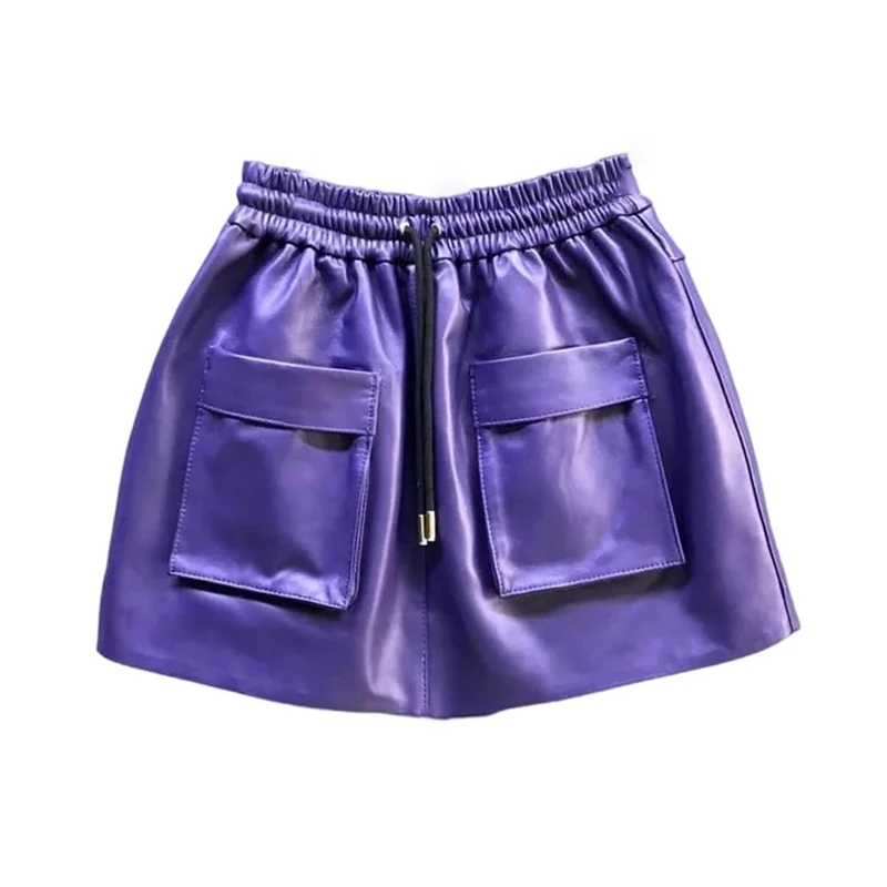 Women Genuine Leather Mini Skirt Sheepskin A-Line Shorts Skirt with Pocket Wide Leg Above Knee Purple