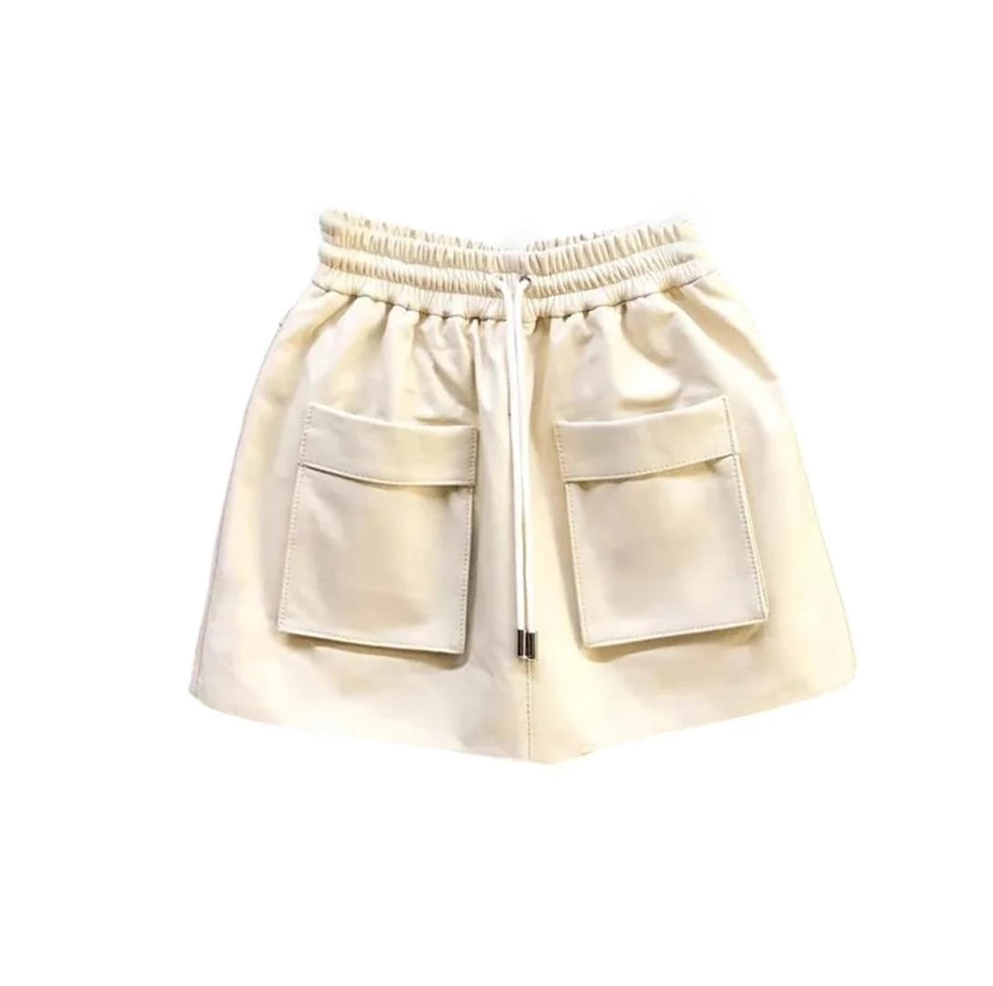 Women Genuine Leather Mini Skirt Sheepskin A-Line Shorts Skirt with Pocket Wide Leg Above Knee Beige White