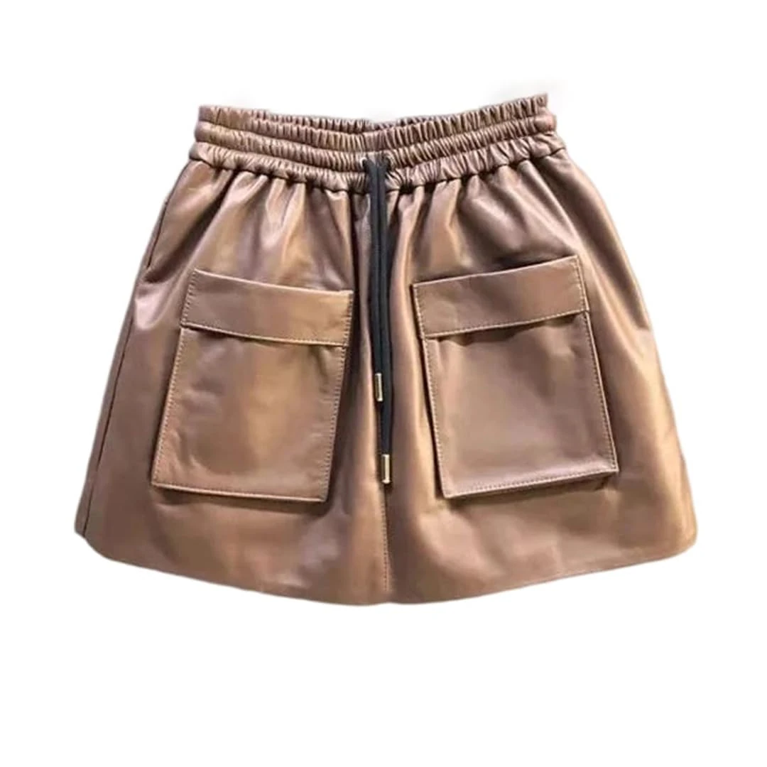 Women Genuine Leather Mini Skirt Sheepskin A-Line Shorts Skirt with Pocket Wide Leg Above Knee Coffee