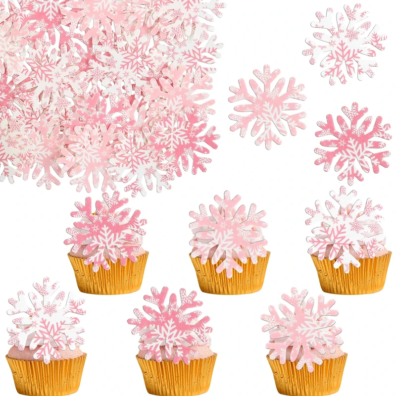 Gyufise 50Pcs Edible Snowflake Cupcake Cake Toppers Wafer Paper Snowflake Cake Decorations for Christmas Winter Frozen Theme Party Supply Decoration Multi Pink