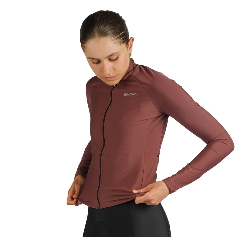 GripGrab PACR Thermal Long Sleeve Cycling Jersey for Women Road MTB Gravel Bike Cycle Top Full Zip Fleece Biking Shirt Dark Red