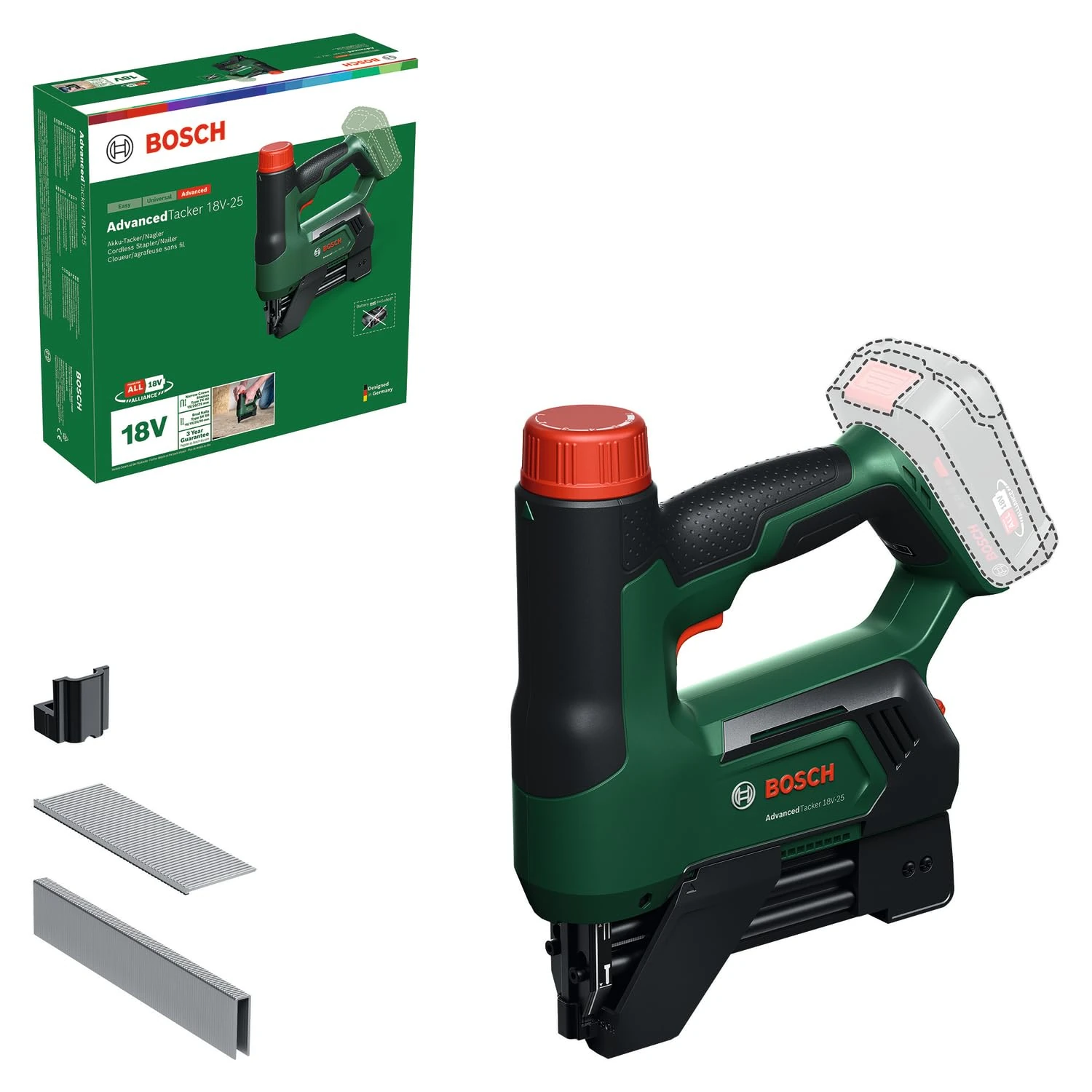 Bosch 18V System Cordless Stapler/Nailer AdvancedTacker 18V-25 (Powerful 2-in-1 Tacking and Nailing; incl. Staples, Nails, Distance-Guide Accessory, Wire-Guide Nose Cap)