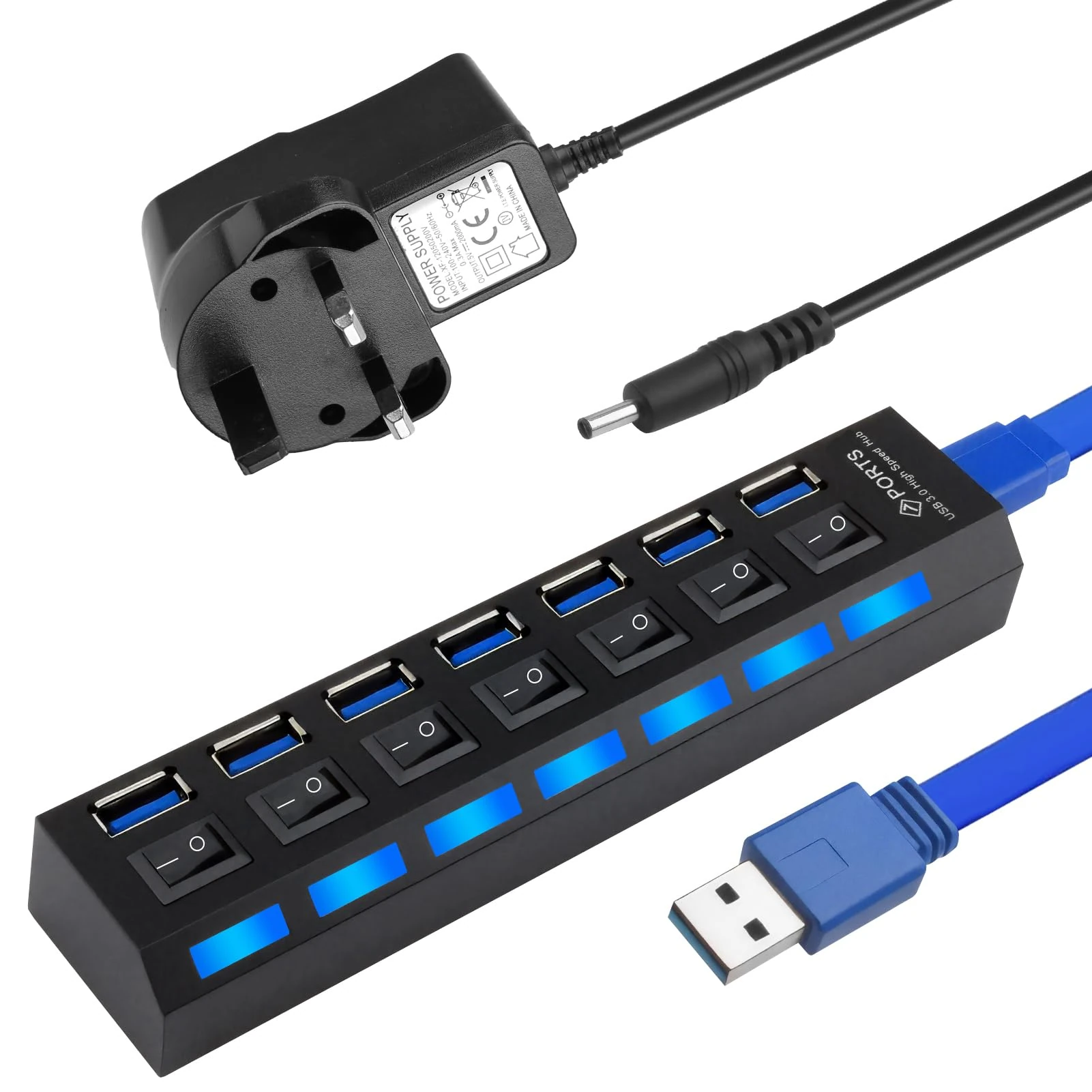 USB Hub Powered 7 Port, Powered USB3.0/2.0 Hub with Individual LED Power Switches for Laptop Desktop, etc, USB Extension Splitter Including 5V 2A Power Adapter