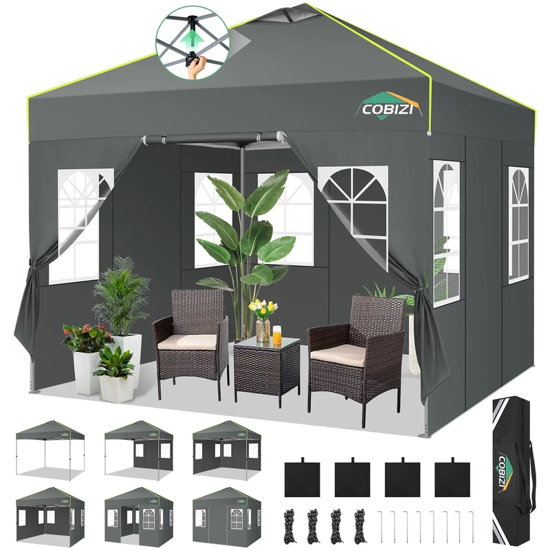 COBIZI Folding Gazebo 3 x 3 Pop Up Gazebo Waterproof Stable Winterproof Folding Party Tent with 4 Side Walls UV Protection Garden Gazebo with Mesh Ventilation Opening and Reflective Strips for Camping
